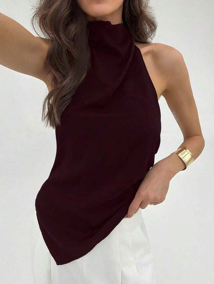 Blusa de mujer de unicolor con cuello halter, pliegues y bajo asimétrico - Rojo 2 - Añade 6