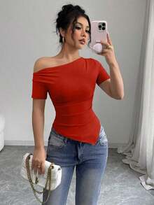 Camiseta de punto elástica de corte asimétrico con hombros oblicuos y volantes para mujer, de primavera/verano, camiseta de señora cómoda y de moda - Rojo - Ver 9