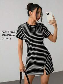 Vestido corto de manga corta para el verano con estampado de rayas y ribete a color block - Blanco y Negro - Ver 7