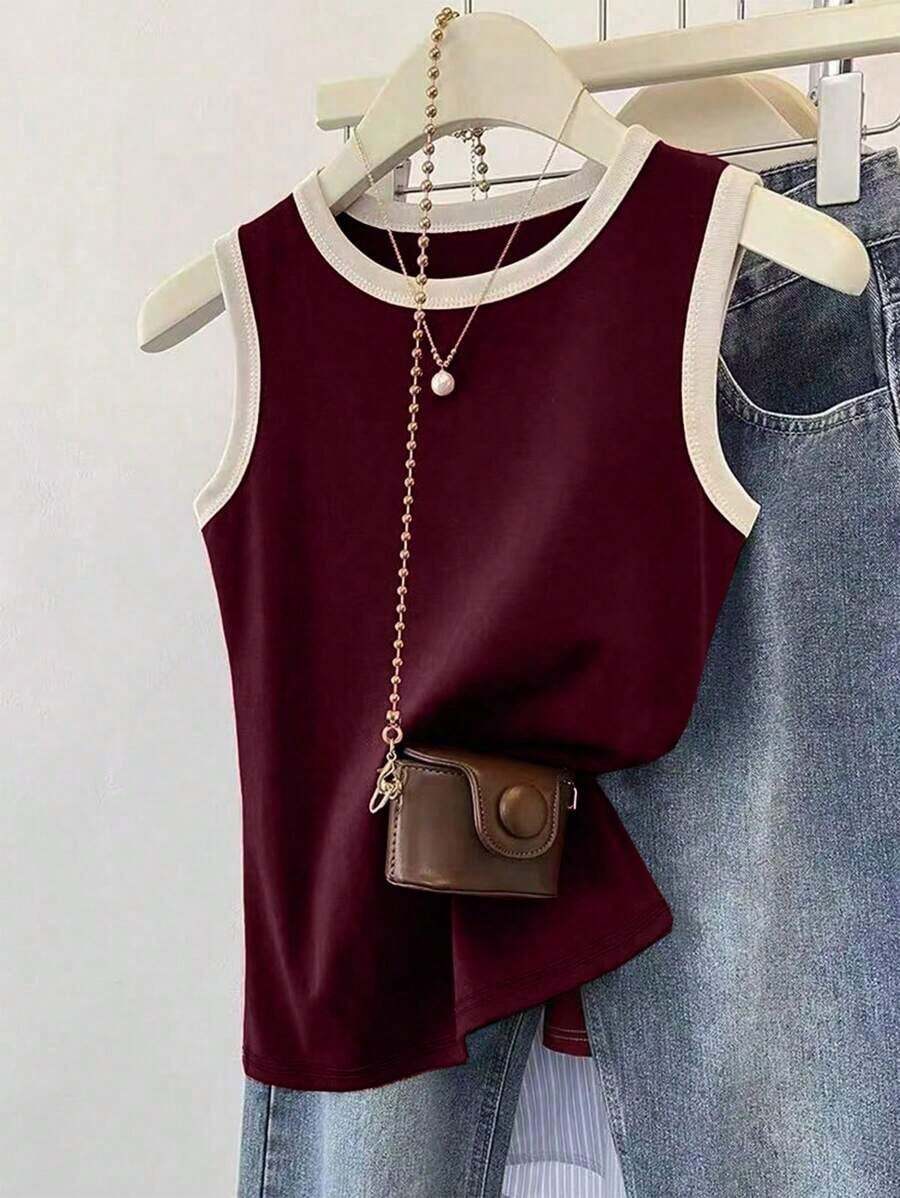 Top de camisola roja con ribetes contrastantes para mujer - Burdeos - Ver 1