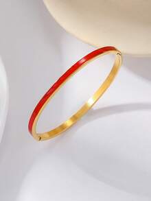 1pc 4mm Thin Fashionable Titanium Steel Bracelet, Gold Color Resin Enamel Clasp Bangle Cuff, Suitable For Women - 4mm - View 7