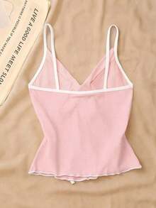 Top de tirantes con lazo y ribete de lechuga en contraste, elegante y ajustado, top para salir para mujeres, apto para el estilo del milenio - Rosa - Ver 2