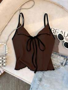 Top de tirantes con lazo y ribete de lechuga en contraste, elegante y ajustado, top para salir para mujeres, apto para el estilo del milenio - Marrón - Ver 9