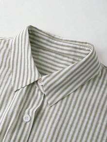 Camisa de manga corta a rayas vintage, de moda para ir al trabajo en verano - Verde militar - Ver 4