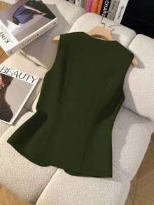 Camisa sin mangas de unicolor y estilo minimalista con botones para mujer - Verde Oliva - Ver 2