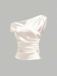 Sweetro Blusa de un solo hombro de estilo francés nueva para primavera/verano, blusa de satén rosa con diseño de volantes, adecuada para ocasiones casuales, de fiesta y de noche - Albaricoque - Ver 8