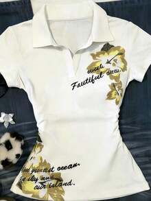 Camiseta casual de mujer con ribete de contraste y cintura fruncida, para verano - Multicolor - Ver 4