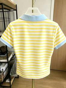 Camisa polo casual de manga corta con rayas y estampado de cerezas - Multicolor - Ver 2