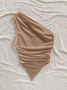 Blusa asimétrica de hombro con bajo asimétrico en color rojo rosa, ideal para vacaciones de verano - Caqui - Ver 2