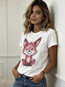 Una camiseta de mujer, informal, de manga corta y cuello redondo, lavada a máquina. - Blanco - Ver 5