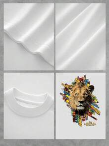 Rostro majestuoso de león rodeado de formas geométricas multicolor que simbolizan fuerza, coraje y energía vital inspirada en la naturaleza africana camiseta de mujer  cómoda casual para uso diario y fácil de combinar - Blanco - Ver 4
