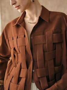 Camisa de mujer de tejido liso de punto a mano con hombros rectos, mangas largas, abertura media, diseño de estructura de punto a mano, uso casual, camisa marrón para verano y primavera - Óxido marrón - Ver 4