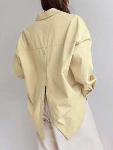 -Less Camisa de mujer de manga larga de un solo pecho, de unicolor, de hombros caídos, para uso casual y de negocios - Amarillo - Ver 3