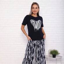 Camiseta de Verano 2026 para Mujer, Cuello Redondo, Manga Corta, Talla Grande, Corte Holgado, Estampada, de Algodón, para Cubrir el Vientre - Blanco - Ver 7