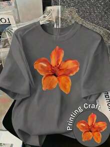 Camiseta Casual de Manga Corta con Cuello Redondo para Mujer, con Hermoso Estampado Floral Naranja para el Verano PPNA - Gris Oscuro - Ver 12