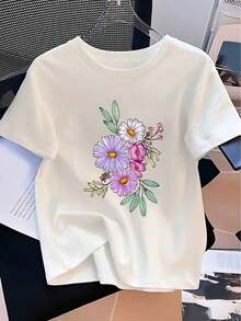 Camiseta de Mujer de Tejido Grueso - Camiseta de Cuello Redondo de Tela Suave y Transpirable, Esencial para el Día a Día y Vacaciones, Camiseta Casual Lavable a Máquina para Mujer (Tallas S-XXL) - Perfecta para Atuendos de Uso Diario y Viajes, Blusa Blanca con Estampado Floral, Artículo de Almacén Local para Mujer, Hermosa Blusa para Mujer, Camiseta para Mujer, Camiseta con Estampado para Mujer, Camiseta para Mujer, Camisa para Mujer, Blusa para Mujer, Top para Mujer, Ropa para Mujer - Blanco - Ver 1