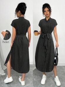 Vestido largo de manga corta para verano 2025, nuevo, con bolsillo, abertura lateral, cinturón y lazo, estampado de leopardo, para uso casual y de viaje - Negro - Ver 1