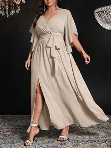 Vestido maxi elegante de fiesta con abertura, cuello en V ajustado, mangas acampanadas y cintura fruncida, talla grande para mujer - Albaricoque - Ver 4