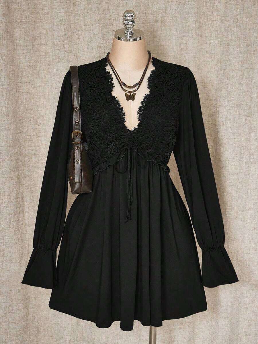 ICON Vestido mini de talla grande de unicolor casual con parches de encaje para mujer, ropa de otoño - Negro - Ver 1