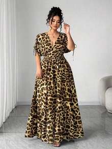 Elenzya Vestido maxi elegante de talla grande para mujer con cuello en V, estampado de leopardo, manga corta fruncida y falda acampanada - Amarillo - Ver 7