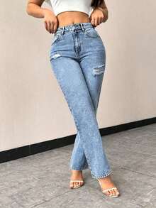 Jeans rectos de talle alto con bolsillos, ajustados y desgastados para mujer - Lavado ligero - Ver 4