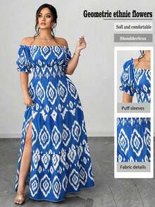 Vestido casual elegante de talla grande para mujer de primavera/verano, en azul sólido de aspecto de mezclilla con cintura fruncida y con abertura lateral - Azul y blanco - Ver 8