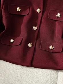 Chaqueta corta, casual y elegante de un solo pecho de unicolor y manga larga para mujer, delgada, para primavera/otoño - Burdeos - Ver 4