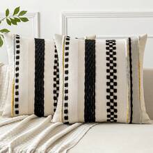 Boho Throw Pillow Covers Set Of 2, 18x18 Inch Striped Chenille - Black - View 8