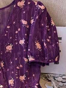 Blusa de mujer con cuello en V bordada de estilo romántico francés de manga corta - Morado - Ver 4