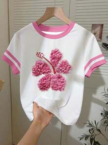 Camiseta de mujer de manga corta con cuello redondo, bloque de color, bordado de corazón a rayas y versátil - Blanco 6 - Ver 3
