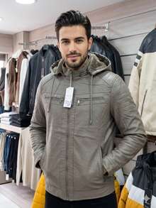 Jaqueta De Couro Masculina Casaco Blusa De Frio Impermeavel - Bege - Visão 4