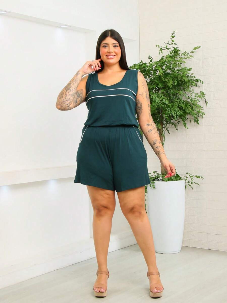 macacão plus size  Tecido de malha    Tipo    macacão  Feriado  Casa  Diário    primavera - Verde Escuro - Visão 1