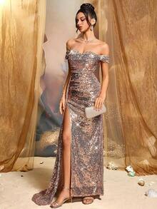 Nuevo estilo de vestido de mujer elegante con lentejuelas brillantes de unicolor y espalda descubierta, adecuado para boda, fiesta, cumpleaños, aniversario, graduación, festival de música, cóctel de vacaciones, cena formal, sesión de fotos, baile de graduación, escenario y concierto, cuarto trimestre de primavera - Champán - Ver 7