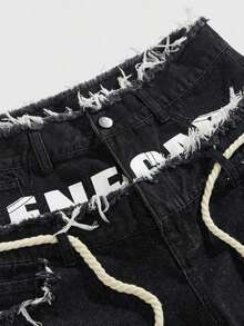 ROMWE MEN Street Life Pantalones cortos de mezclilla con doble cintura y bordado para hombres - Negro 5 - Ver 3