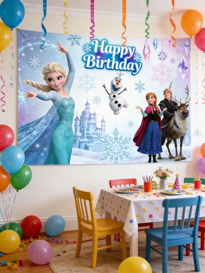 Disney 冰雪城堡主题生日背景，梦幻般的阿伦黛尔主题横幅，打造难忘的庆祝活动。这款迷人的冰雪奇缘生日背景，灵感源自这部深受喜爱的电影中最温馨感人的瞬间，营造出独一无二的冬日仙境氛围。柔和的蓝色水彩背景，点缀着俏皮的雪花细节，将任何空间都变成一个充满奇思妙想的庆典场所。