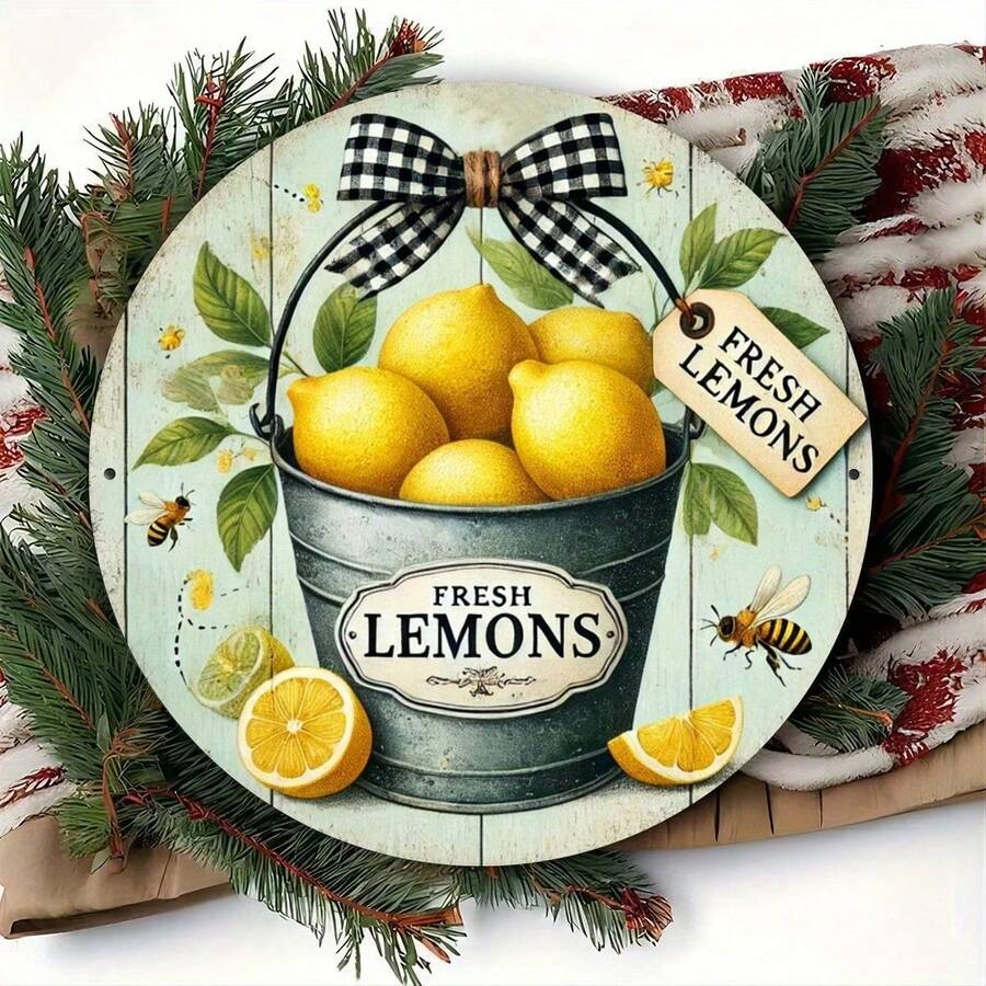 Vintage Lemon Bucket Wall Art Iron Sign, High-Quality Metal Rustic Design With Bee And Floral Pattern, Suitable For Kitchen, Garden, Home, Bar, Restaurant, Cafe, Random Hole Positions - 1PC - View 1