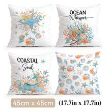 4pcs/Set Blue & Orange Ocean Creature Shell Pattern Pillow Cover, Single-Sided Printed Cushion Cover, Suitable For Living Room, Bedroom, Home Decor, All Seasons - Multicolor - View 16