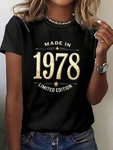 SummerCamiseta vintage de edición hecha en 1978 con estampado, cuello redondo y manga corta para verano y primavera, Ropa de mujer 100% AlgodónFashion All-match Women's Short Sleeve T-shirt, Basic Style for Inner & Outer Wear - Negro - Ver 11