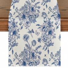 1pc French Toile De Jouy Classic Blue & White Floral Print Table Runner, Microwave Dust Cover, Protective Cover, Available In Multiple Sizes, Suitable For Home Dining, Kitchen Decor, Home Decor, Outdoor Party And Restaurant Decoration, Linen-Like Texture - Multicolor - View 14