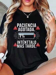 La camiseta de tela suave está agotada, por favor, vuelva a intentarlo más tarde. "VUELVÉ A INTENTAR MÁS TARDE." Camiseta de moda casual de talla grande para mujer con estampado, cuello redondo, para primavera-verano. - Negro - Ver 7