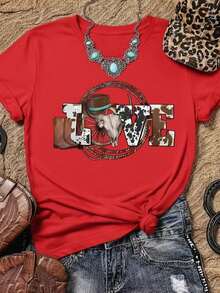 Vintage Camiseta femenina casual estilo vaquero con estampado de letras LOVE y elementos western, tela suave, corte holgado, cuello redondo, manga corta para primavera/verano fiestas al aire libreFashion 100% Cotton - Rojo - Ver 7