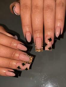 10pcs Medium Square Handmade Nail Stickers, Chic French Style With Black Clover Pendant And Crystal Chain Decor, Nude Pink Full Coverage False Nails, Suitable For Daily Wear, Dates, Parties, For Women And Girls - Black - View 6