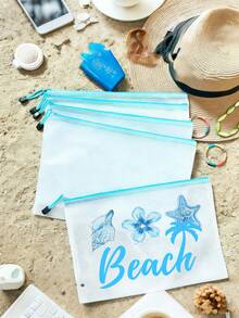 時尚防水PVC海灘包，印有「Beach」貝殼圖案，A4尺寸，透明化妝包、盥洗包，尼龍拉鍊，適合游泳、潛水、夏季度假，輕巧，海灘必備，旅行/開學必備，度假好伴侶 - 彩色 - 查看 7