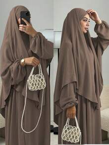 3件組 Khimar+Abaya 柔軟穆斯林祈禱服裝，長款 Abaya 配搭同色系頭巾，休閒外出必備時尚單品 (頭巾+洋裝+腰帶) 祈禱吉爾巴布 - 彩色 - 查看 53