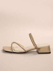 New Versatile Square Toe Chunky Heel Sandals, Fashionable French Style Crystal Embellished High Heels Suitable For Party, Gathering - Gold - View 6