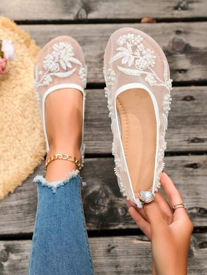 Women's Summer New Mesh Flat Shoes, Beaded Decor Vintage Embroidered Breathable Slip-On Shoes, Comfortable Soft Sole Casual Everyday Wear
