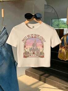 Dreamy Landscape Of A Tale Castle Printed Women'S Inspired T-Shirt, Short Round Neck Top - White Lightweight Casual Spring And Summer Design With Icon - 杏色 - 查看 12