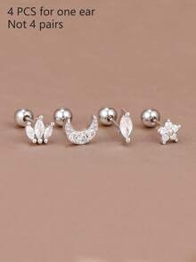 4 pezzi Nuovi orecchini a perno di moda con luna & fiori per donne, orecchini ipoallergenici con chiusura a vite per cartilagine, gioielli per orecchie forate regalo per ragazze - 1-Argento-4 pezzi - Visualizzare 5