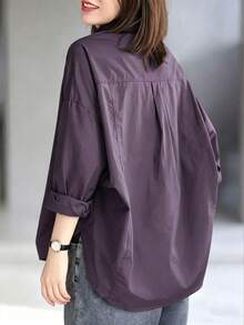 Women's Casual Solid Color Minimalist Long Sleeve Shirt, Women's Lapel Long Sleeve Loose Oversized Shirt, Solid Color Bat Hem Casual Shirt, Minimalist Daily Versatile Outerwear Sun Protection Top - Purple - View 3