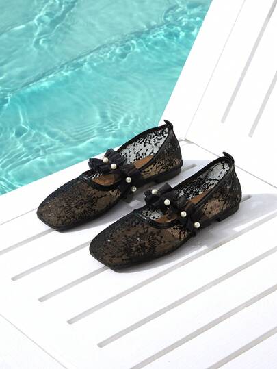 Trivaya Summer New Pearl Lace Mesh Women's Flat Shoes, Hollow Breathable Fashion Mary Jane Ballet Shoes, Casual Slip-On Loafers, Gentle And Elegant Flat Shoes
